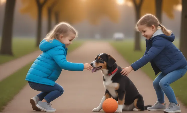 Lapset leikkivät koiran kanssa luonnossa